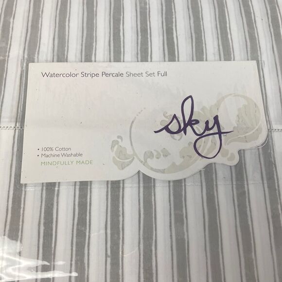 Sky Watercolor Stripe Percale Sheet Set, Full - Picture 1 of 5